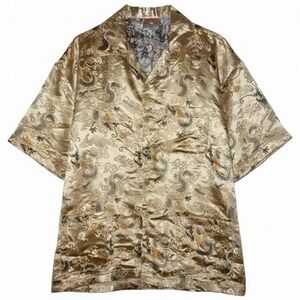Chinese Oriental Shirt Mens 2XL Mythical Dragon Print Gold Anime Asian Style